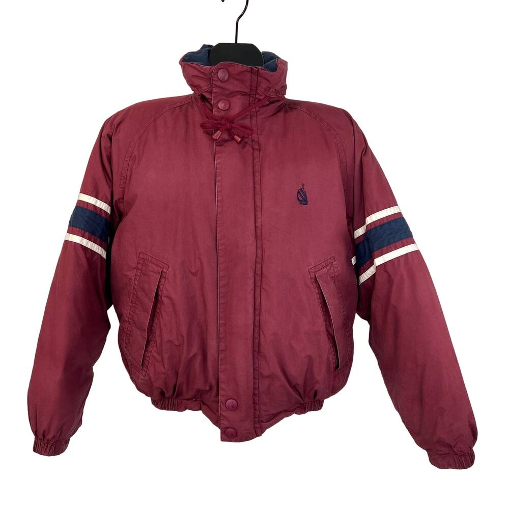 Vintage 80s Nautica Down Puffer Coat Hooded Burgundy Red